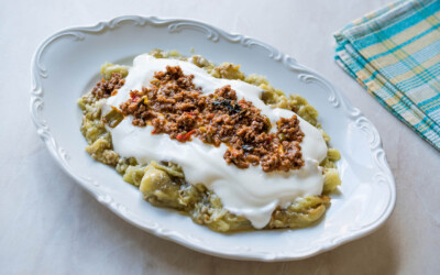 Turkish Ali Nazik Kebab with Yogurt, Minced Meat and Roasted Eggplant or Aubergine / Kebap.